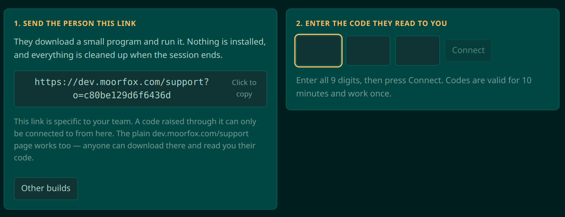 The Moorfox Quick support page showing the team's support link with a copy button, and the three boxes where the technician enters the nine-digit code