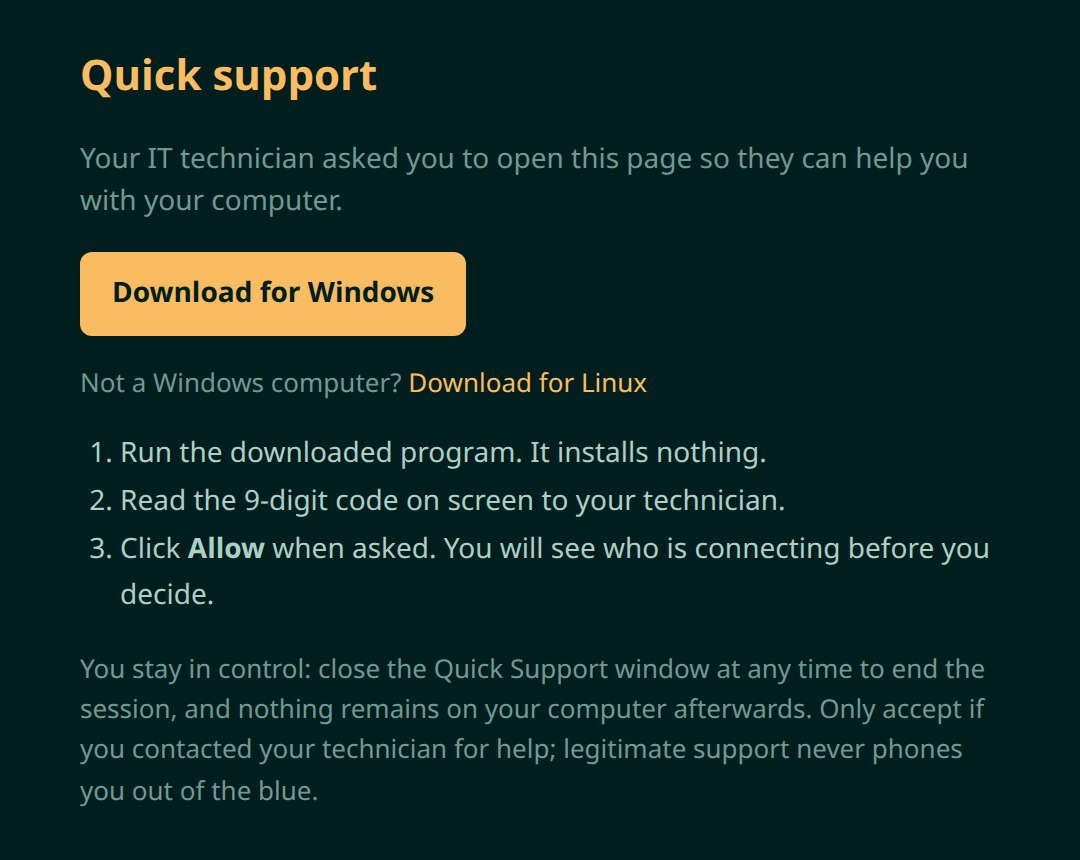 The customer-facing quick support page with a download button and three numbered instructions: run the program, read the code, click Allow